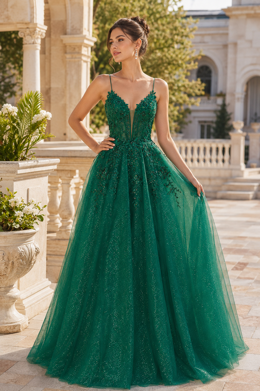 Arisette A Line V Neck Floor Length Tulle Prom Dress- Style