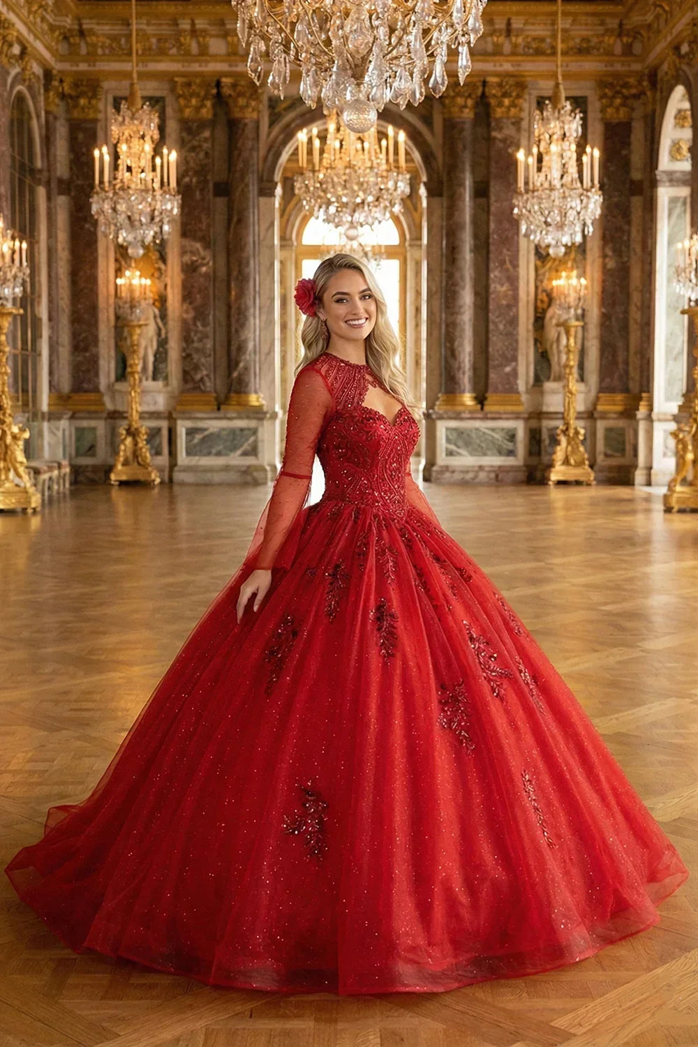 Theodora Chic High Neck Tulle Quinceañera Dress With Lace & Cut-out Back