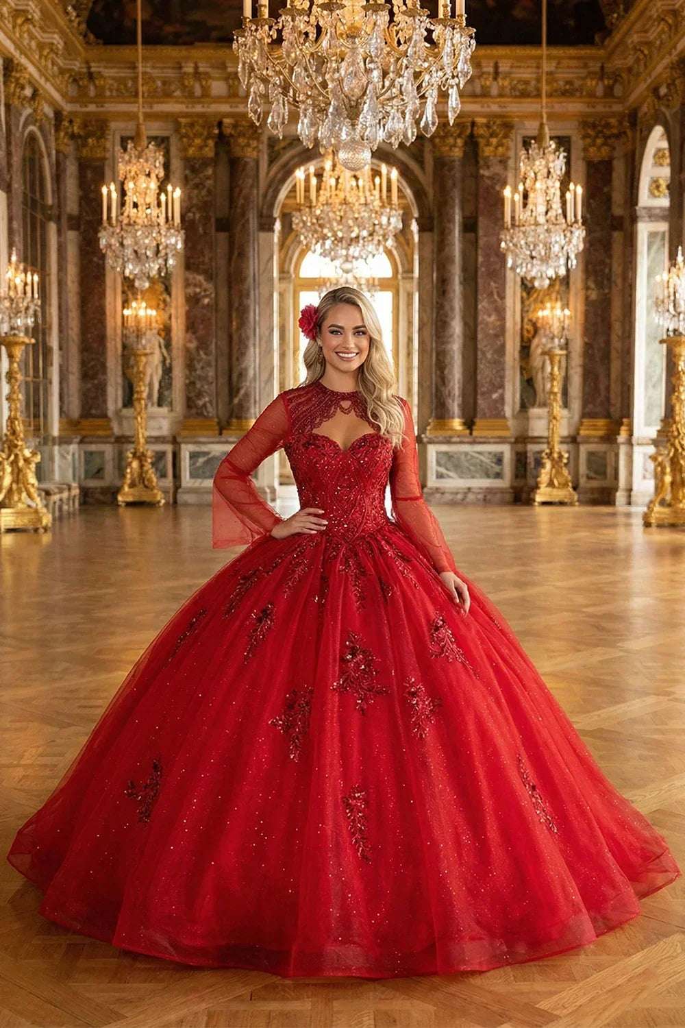 Theodora Chic High Neck Tulle Quinceañera Dress With Lace & Cut-out Back