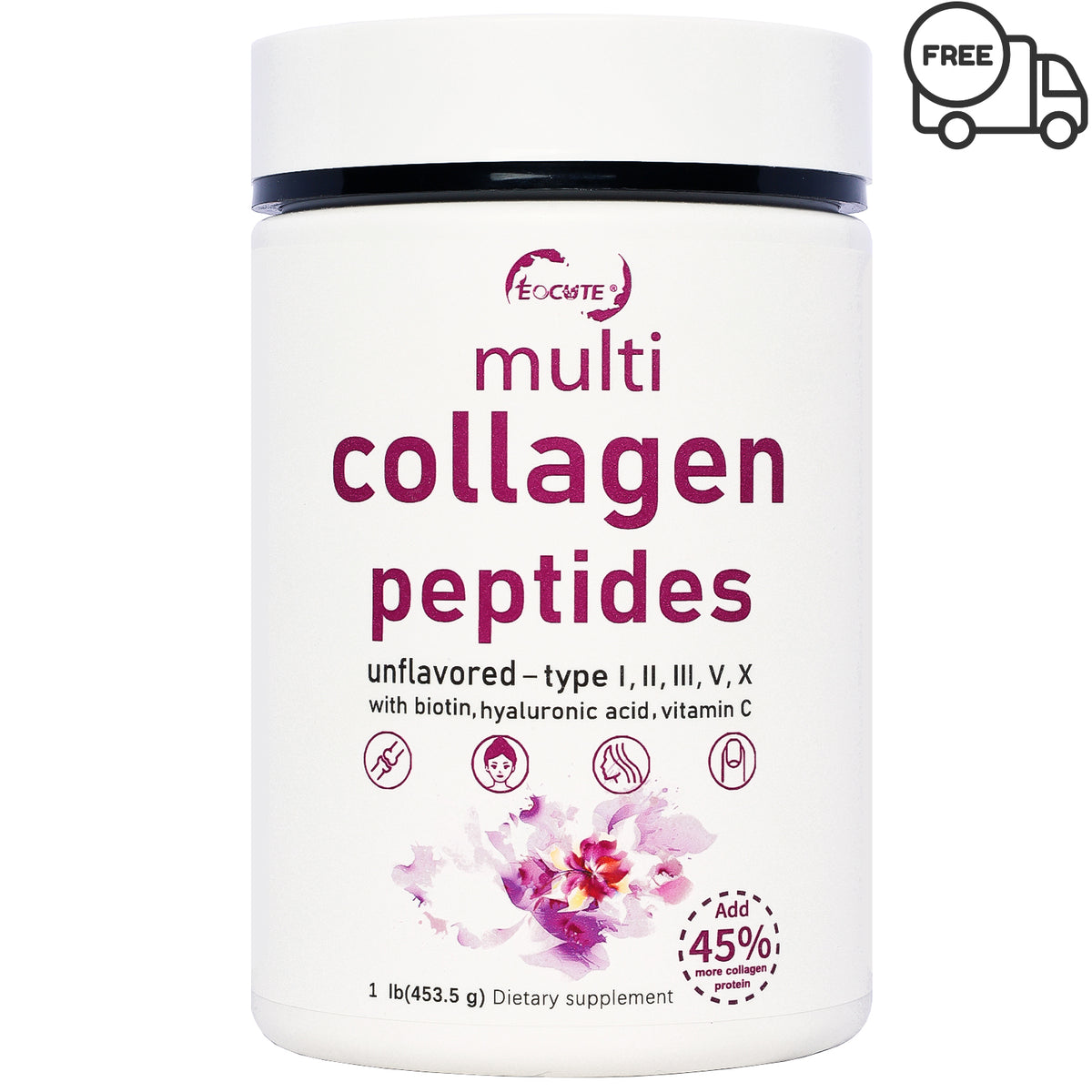 EOCUTE Multi Collagen Peptides Powder Pasture-Raised-Hydrolyzed Protein Peptides (Type l,l,lll,V,X)with HyaluronicAcid, Biotin   Vitamin C,1LB