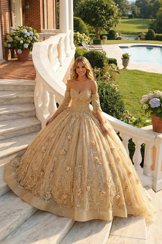 Marisol Off-the-shoulder Tulle Quinceañera Dress With 3D Floral & Glitter