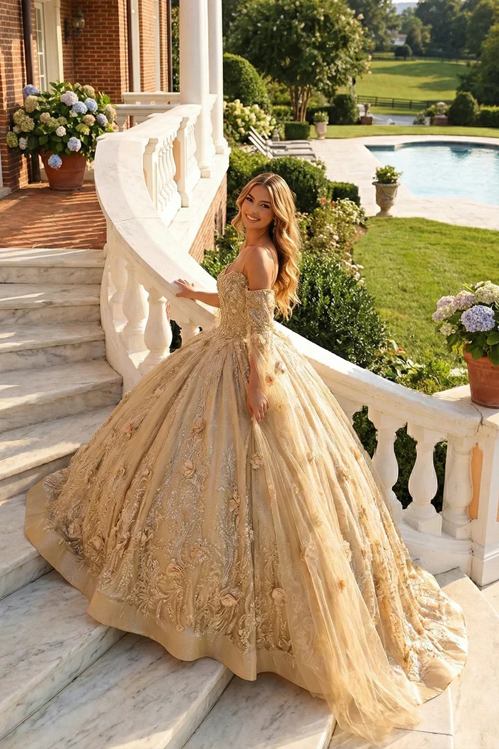 Marisol Off-the-shoulder Tulle Quinceañera Dress With 3D Floral & Glitter