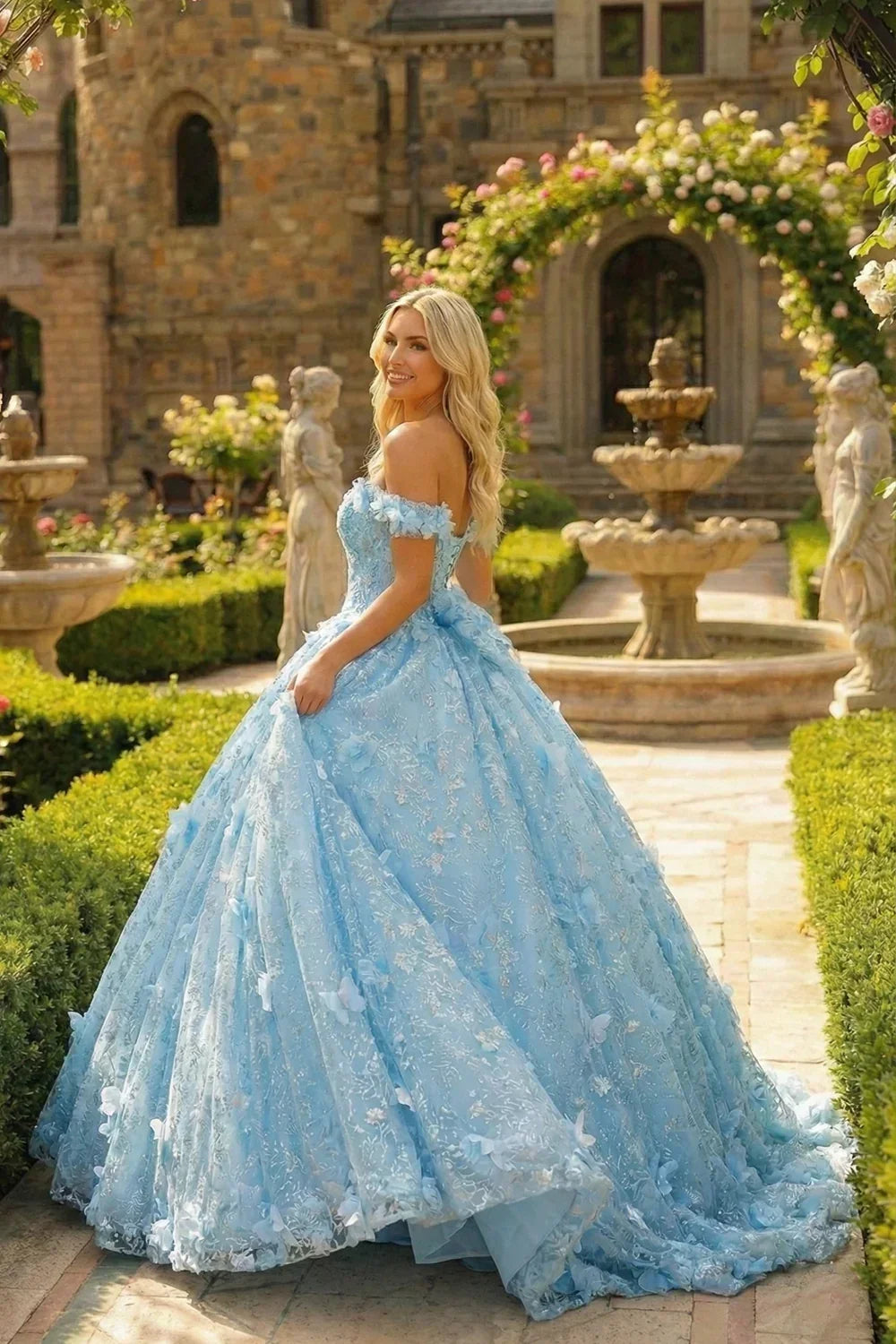Amalia Elegant Ball Gown Cold Shoulder Quinceañera Dress With 3D Floral and Bow