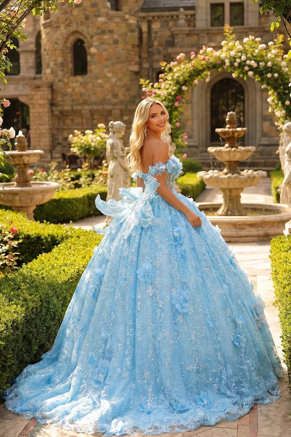 Amalia Elegant Ball Gown Cold Shoulder Quinceañera Dress With 3D Floral and Bow