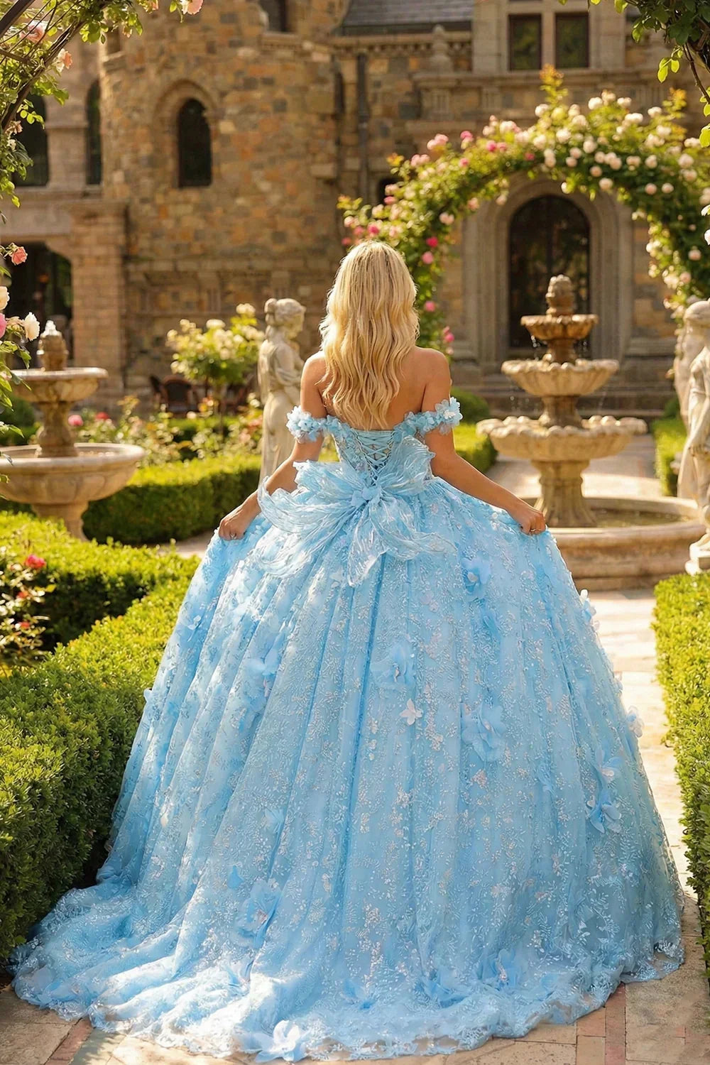 Amalia Elegant Ball Gown Cold Shoulder Quinceañera Dress With 3D Floral and Bow