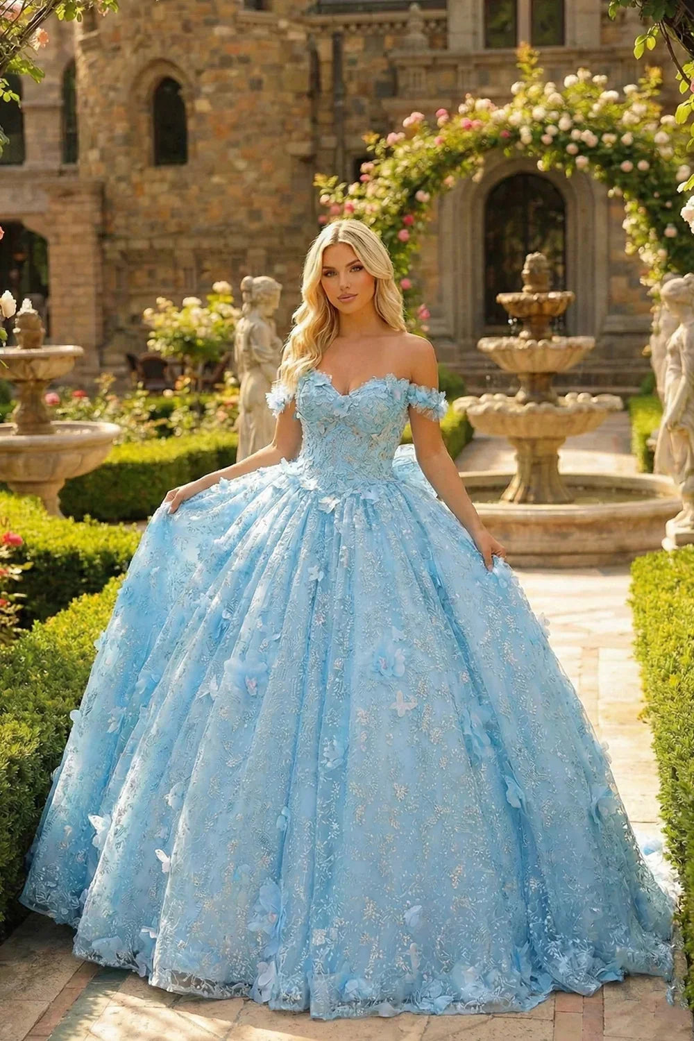 Amalia Elegant Ball Gown Cold Shoulder Quinceañera Dress With 3D Floral and Bow