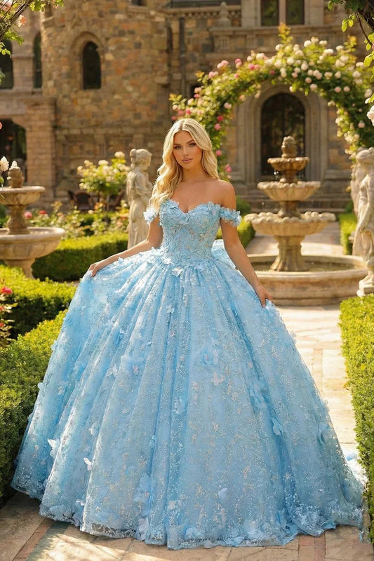 Amalia Elegant Ball Gown Cold Shoulder Quinceañera Dress With 3D Floral and Bow