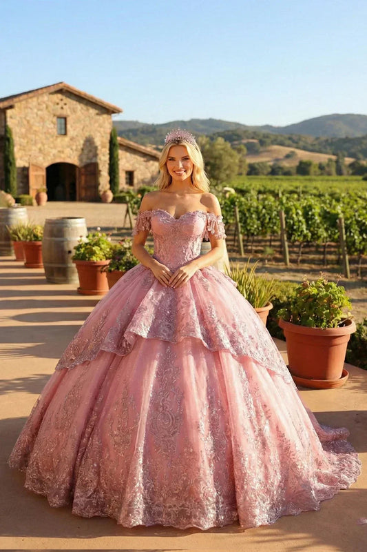 Jacinta Elegant Ball Gown Cold Shoulder Quinceañera Dress With Floral Appliqued and bow
