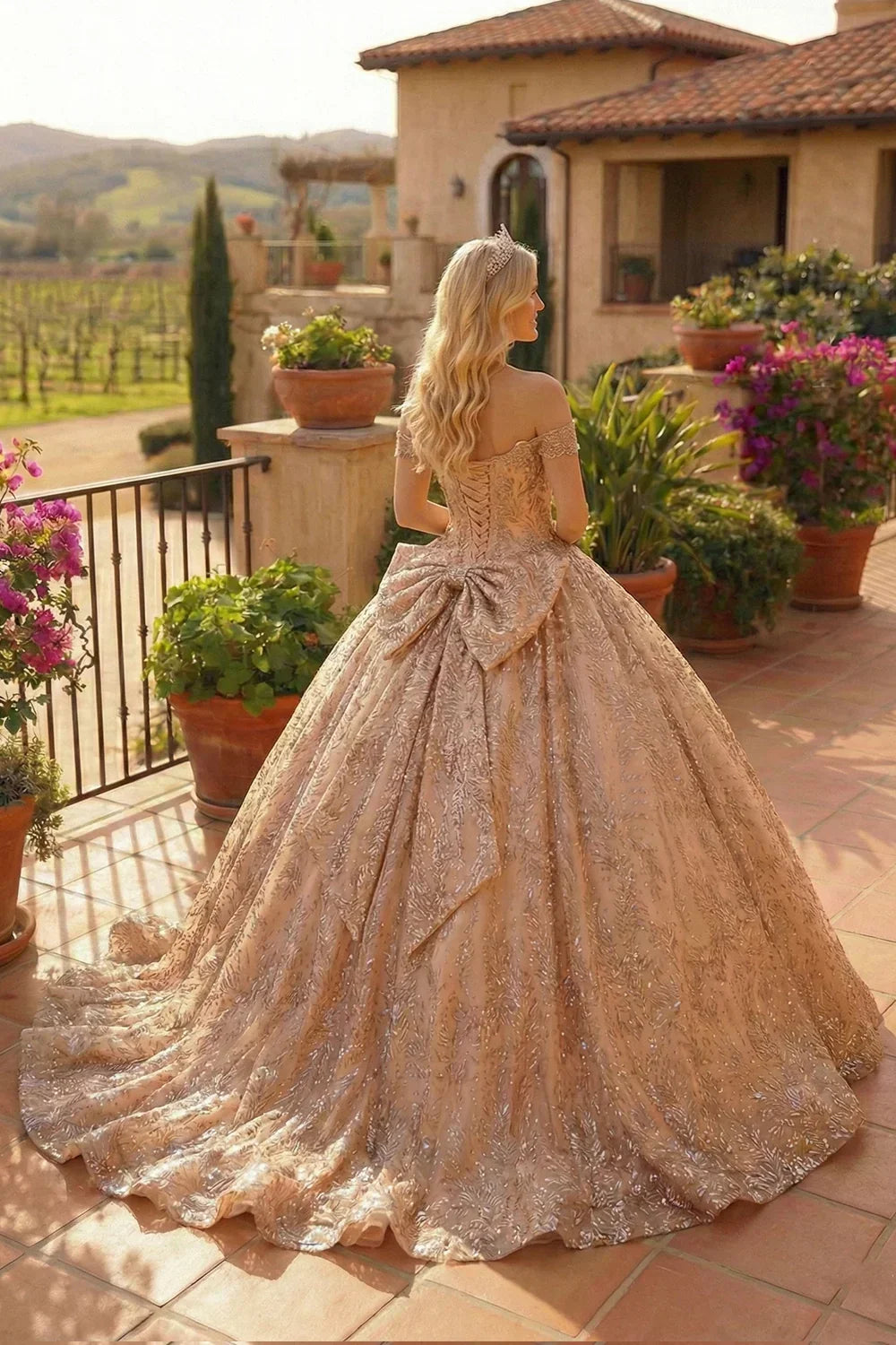 Victoria Elegant Ball Gown Cold Shoulder Quinceañera Dress With Floral Embroidery