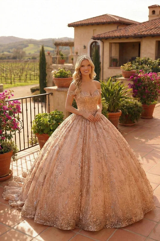Victoria Elegant Ball Gown Cold Shoulder Quinceañera Dress With Floral Embroidery