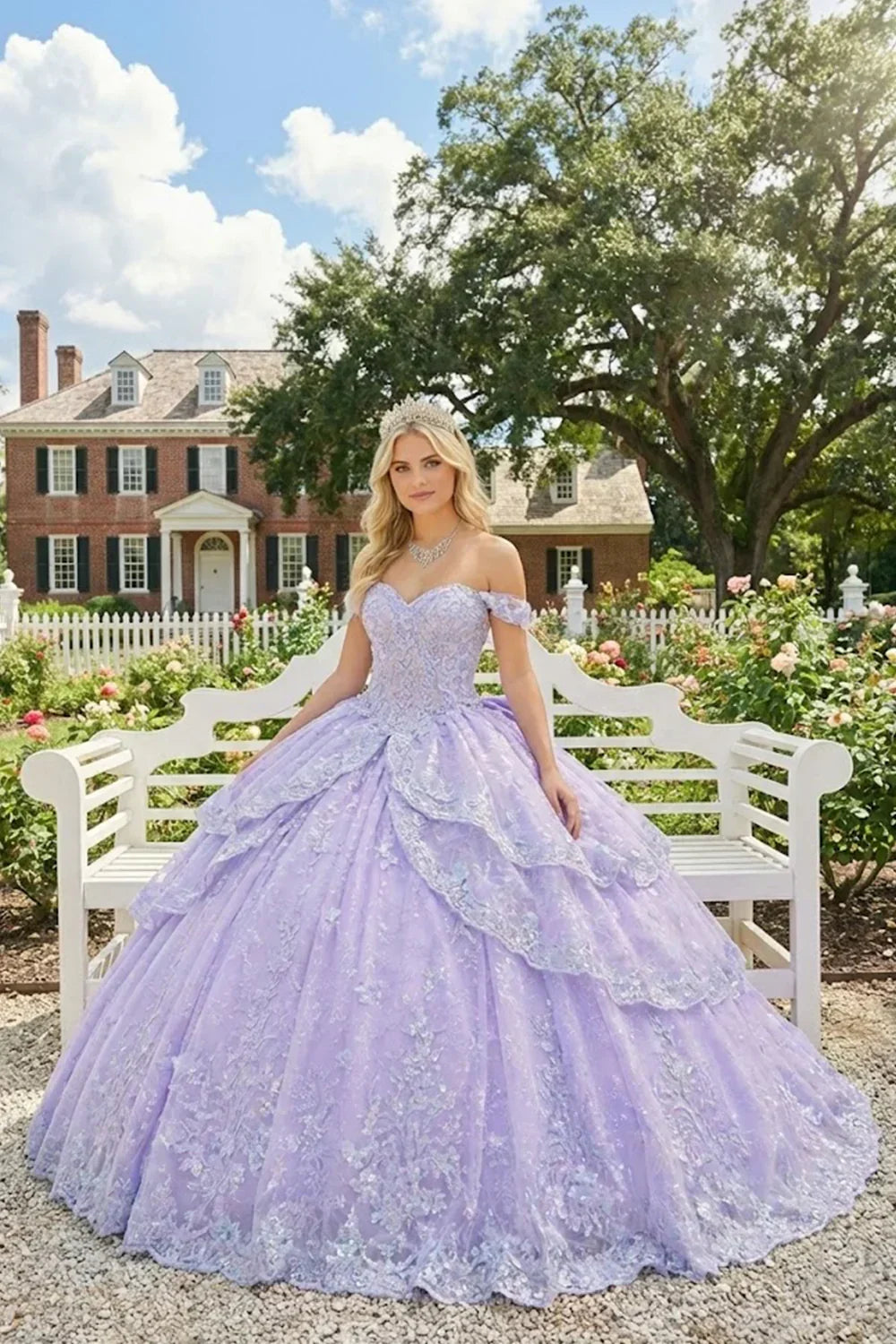 Azucena Layered Ruffled Ball Gown Cold Shoulder Quinceañera Dress With Embroidery