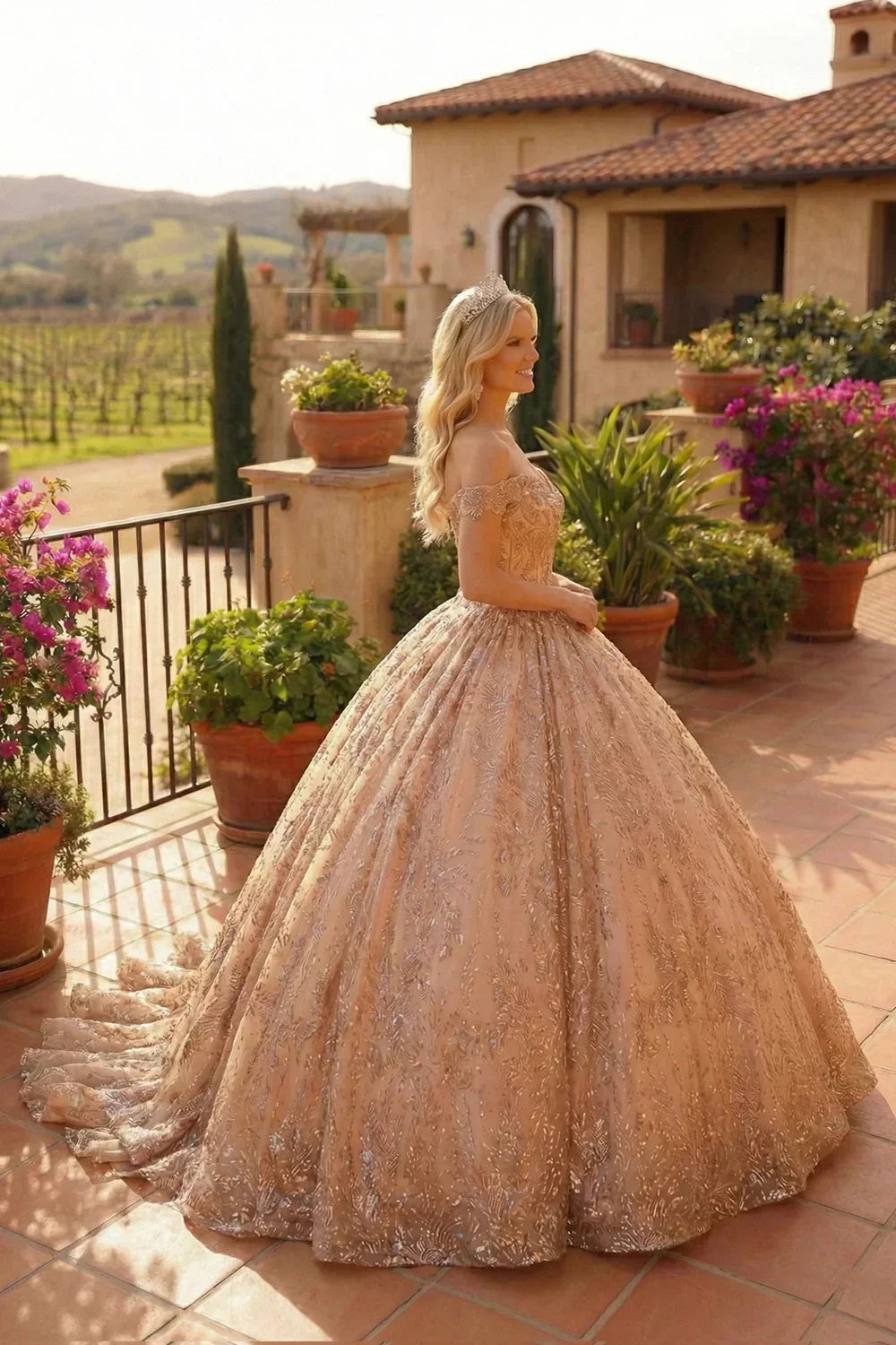 Victoria Elegant Ball Gown Cold Shoulder Quinceañera Dress With Floral Embroidery