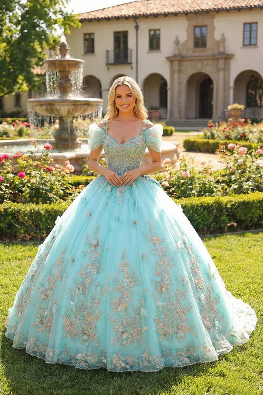 Renata Elegant Ball Gown Cold Shoulder Quinceañera Dress With Floral Embroidery and 3D Butterfly