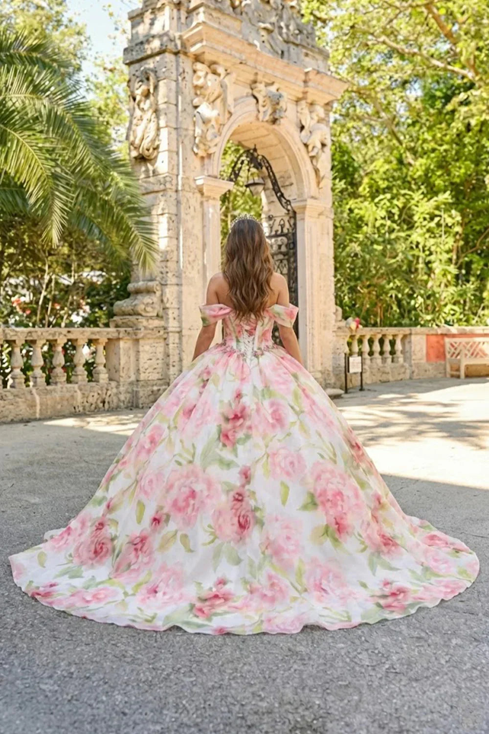 Mirabella Elegant Ball Gown Cold Shoulder Quinceañera Dress With Floral Pattern
