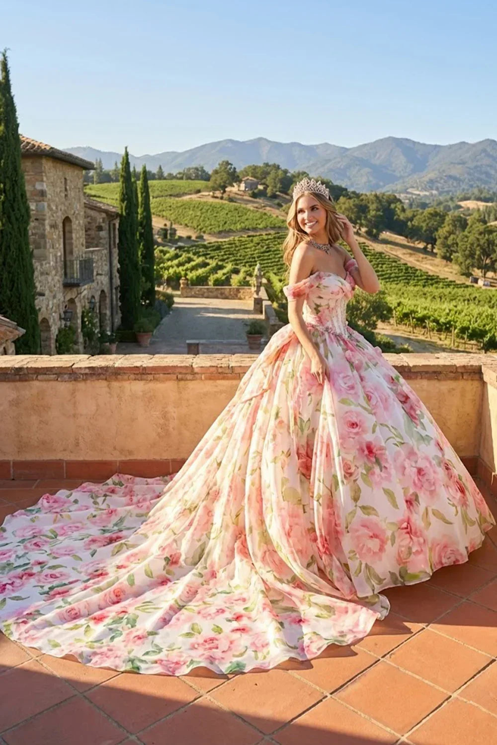 Mirabella Elegant Ball Gown Cold Shoulder Quinceañera Dress With Floral Pattern