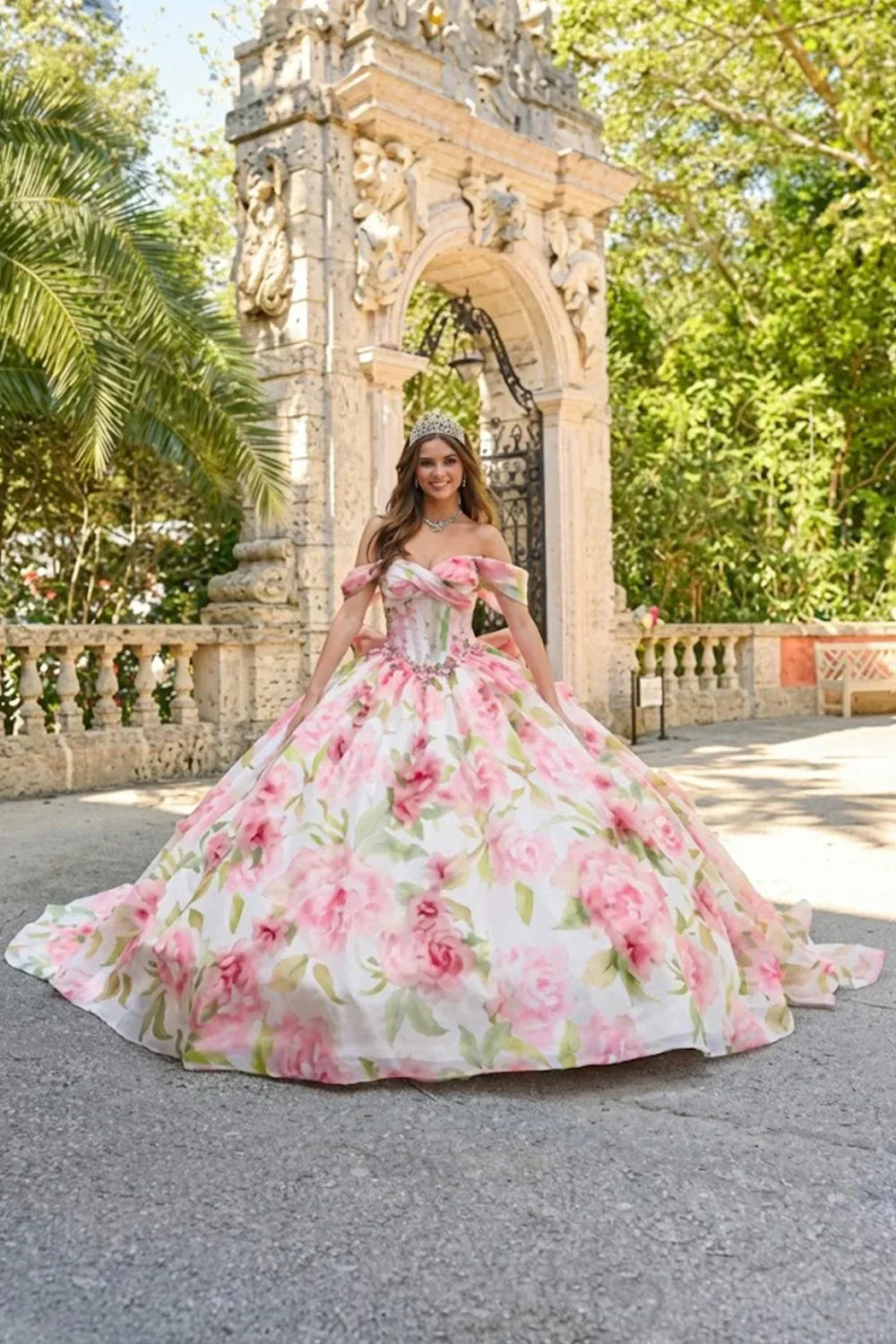 Mirabella Elegant Ball Gown Cold Shoulder Quinceañera Dress With Floral Pattern