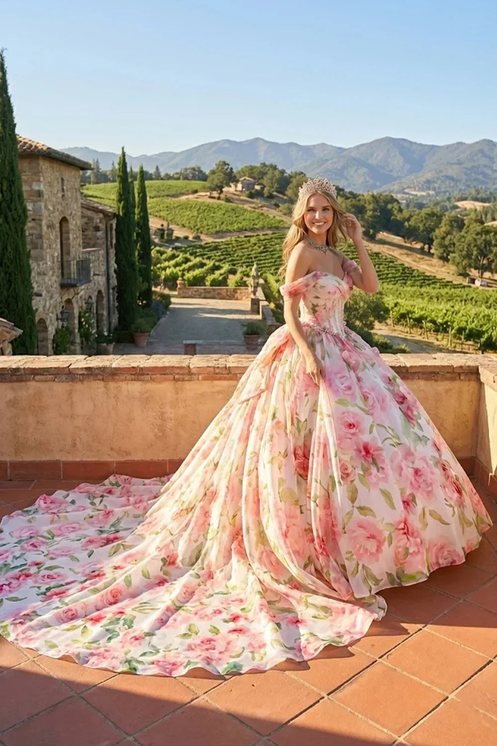 Mirabella Elegant Ball Gown Cold Shoulder Quinceañera Dress With Floral Pattern