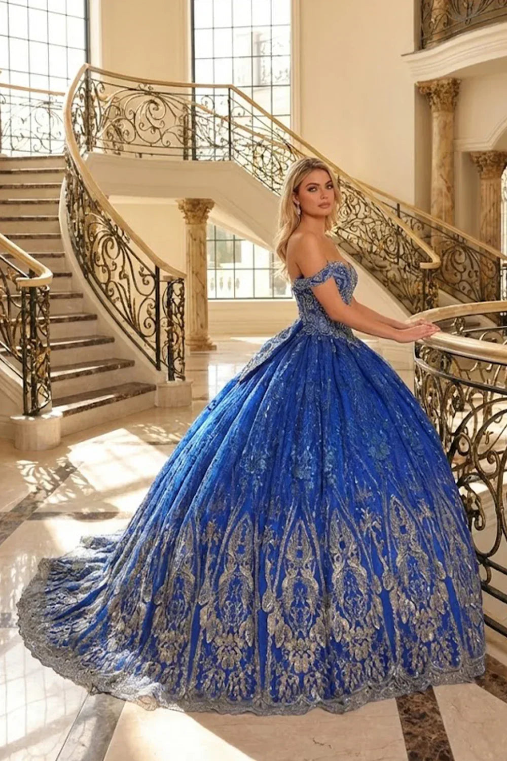 Anastasia Elegant Ball Gown Off-the-shoulder Quinceañera Dress With Floral Lace