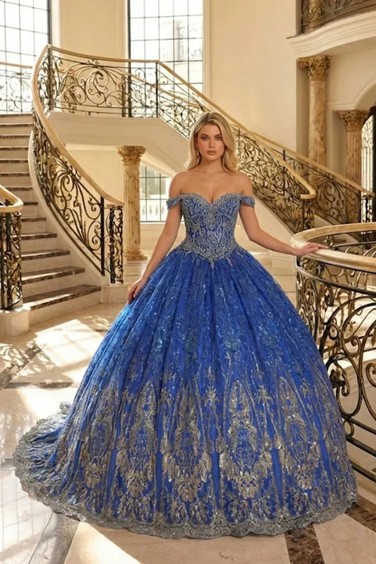 Anastasia Elegant Ball Gown Off-the-shoulder Quinceañera Dress With Floral Lace
