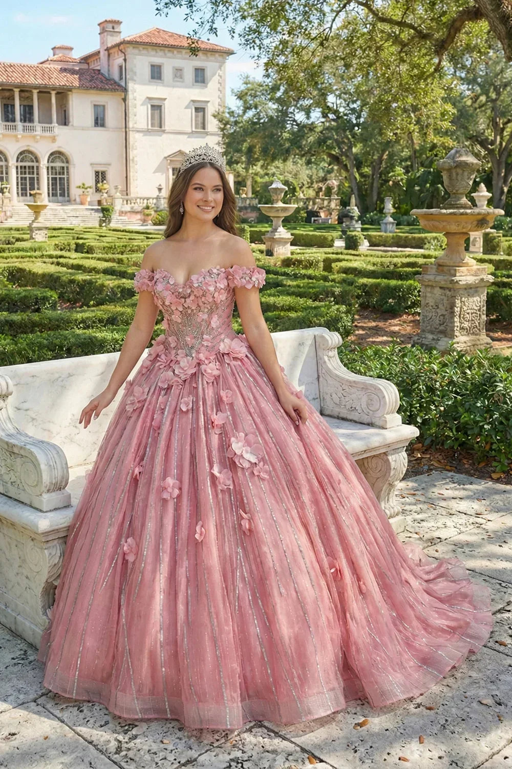 Alondra Elegant Ball Gown Off-the-shoulder Quinceañera Dress With Lace & 3D Floral