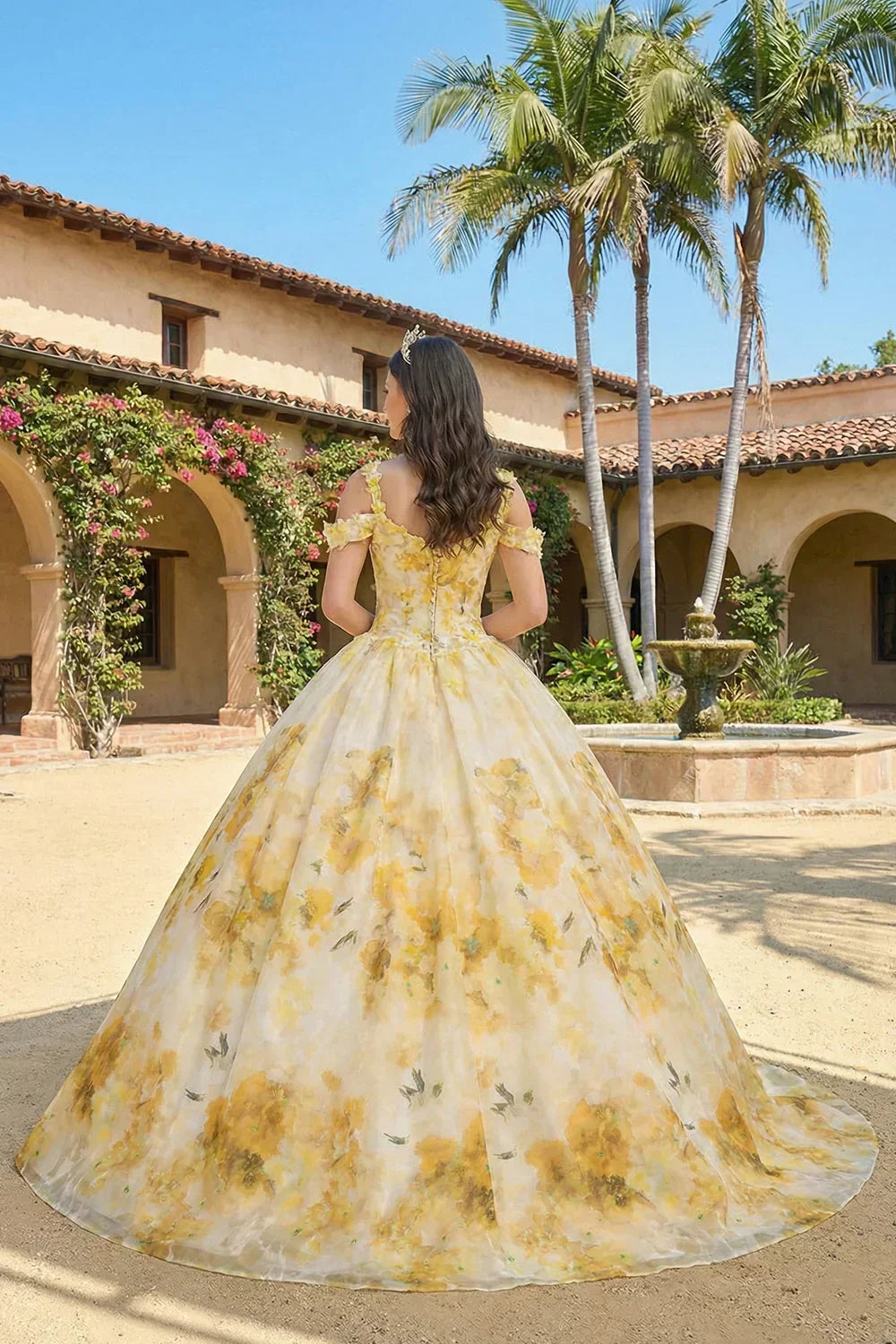 Celestia Elegant Ball Gown Spaghetti Strap Quinceañera Dress With Floral Pattern and Lace