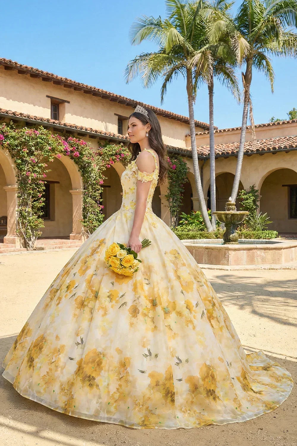 Celestia Elegant Ball Gown Spaghetti Strap Quinceañera Dress With Floral Pattern and Lace