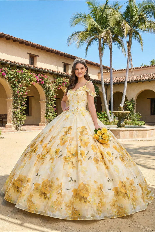 Celestia Elegant Ball Gown Spaghetti Strap Quinceañera Dress With Floral Pattern and Lace