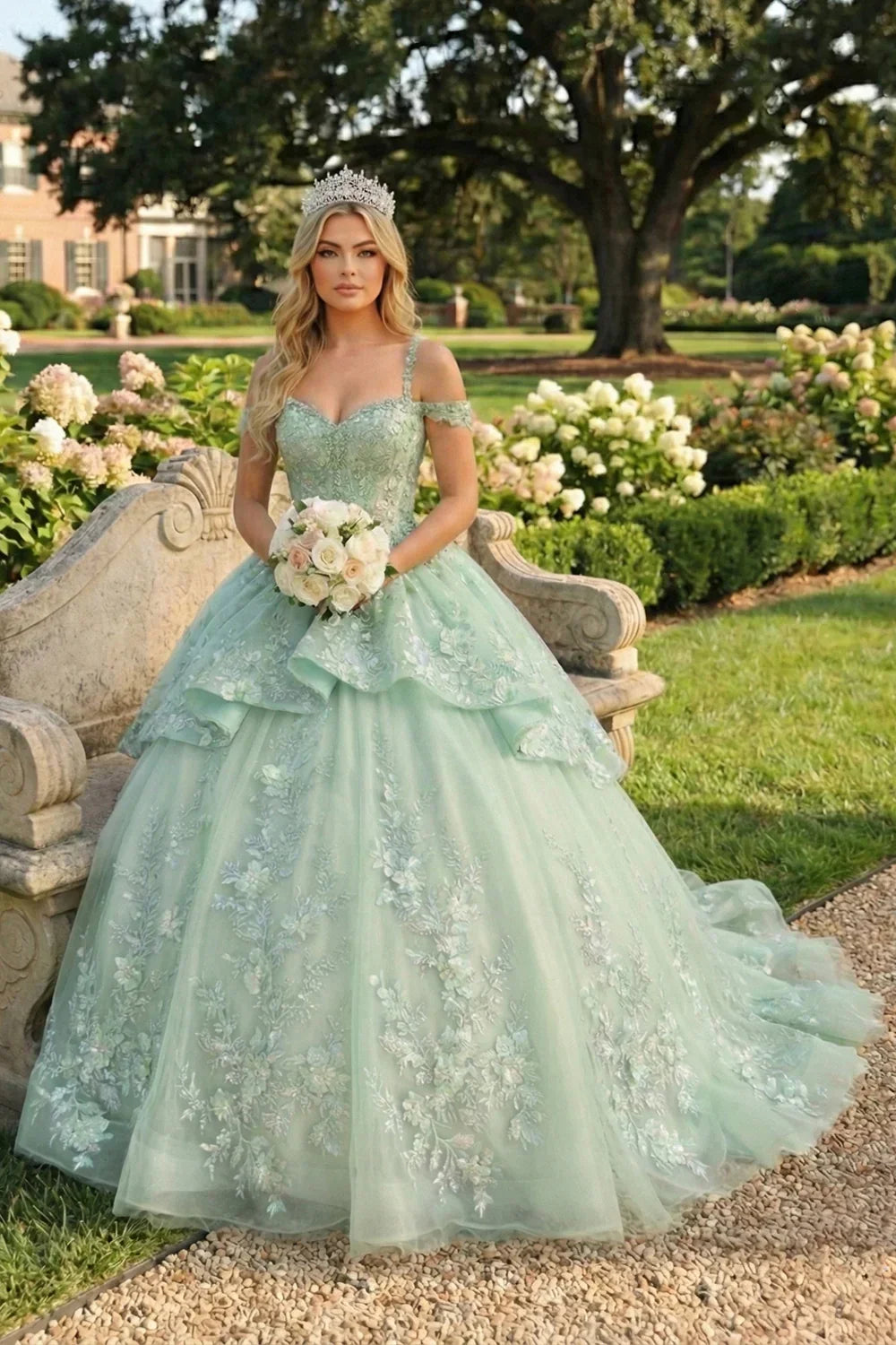 Mariposa Elegant Ball Gown Cold Shoulder Quinceañera Dress With Floral Embroidery