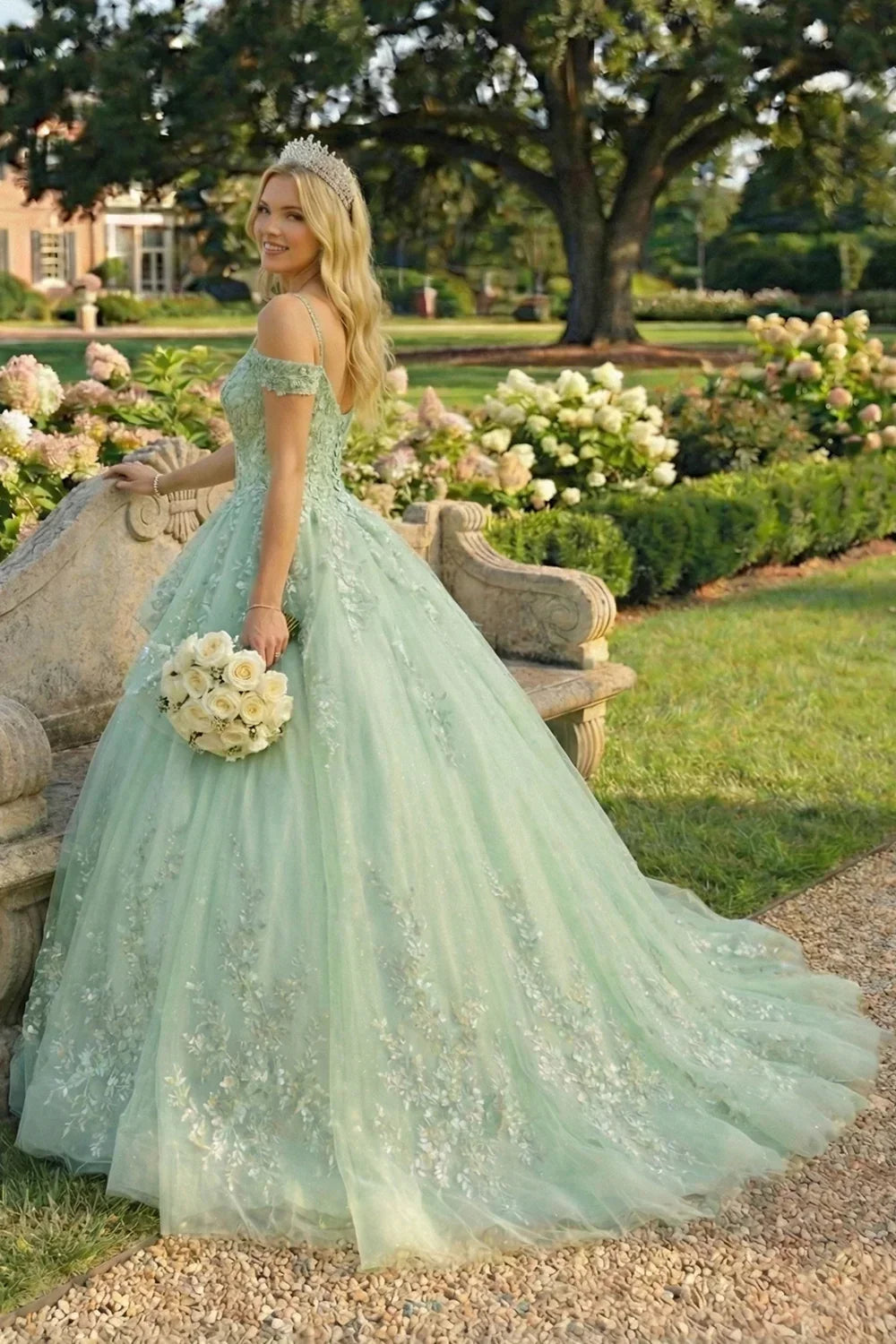 Mariposa Elegant Ball Gown Cold Shoulder Quinceañera Dress With Floral Embroidery