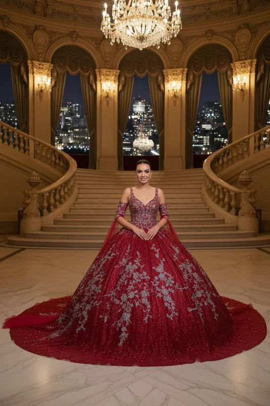 Imperia Exquisite Off-the-shoulder Tulle Long Quinceañera Dress With Embroidery & Glitter