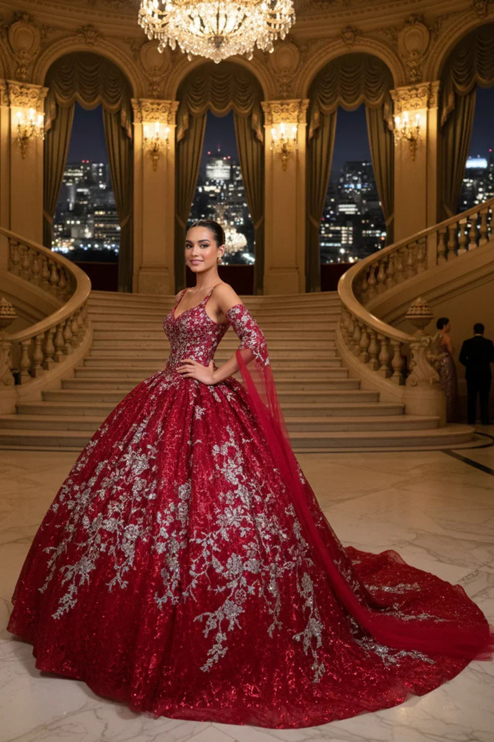 Imperia Exquisite Off-the-shoulder Tulle Long Quinceañera Dress With Embroidery & Glitter