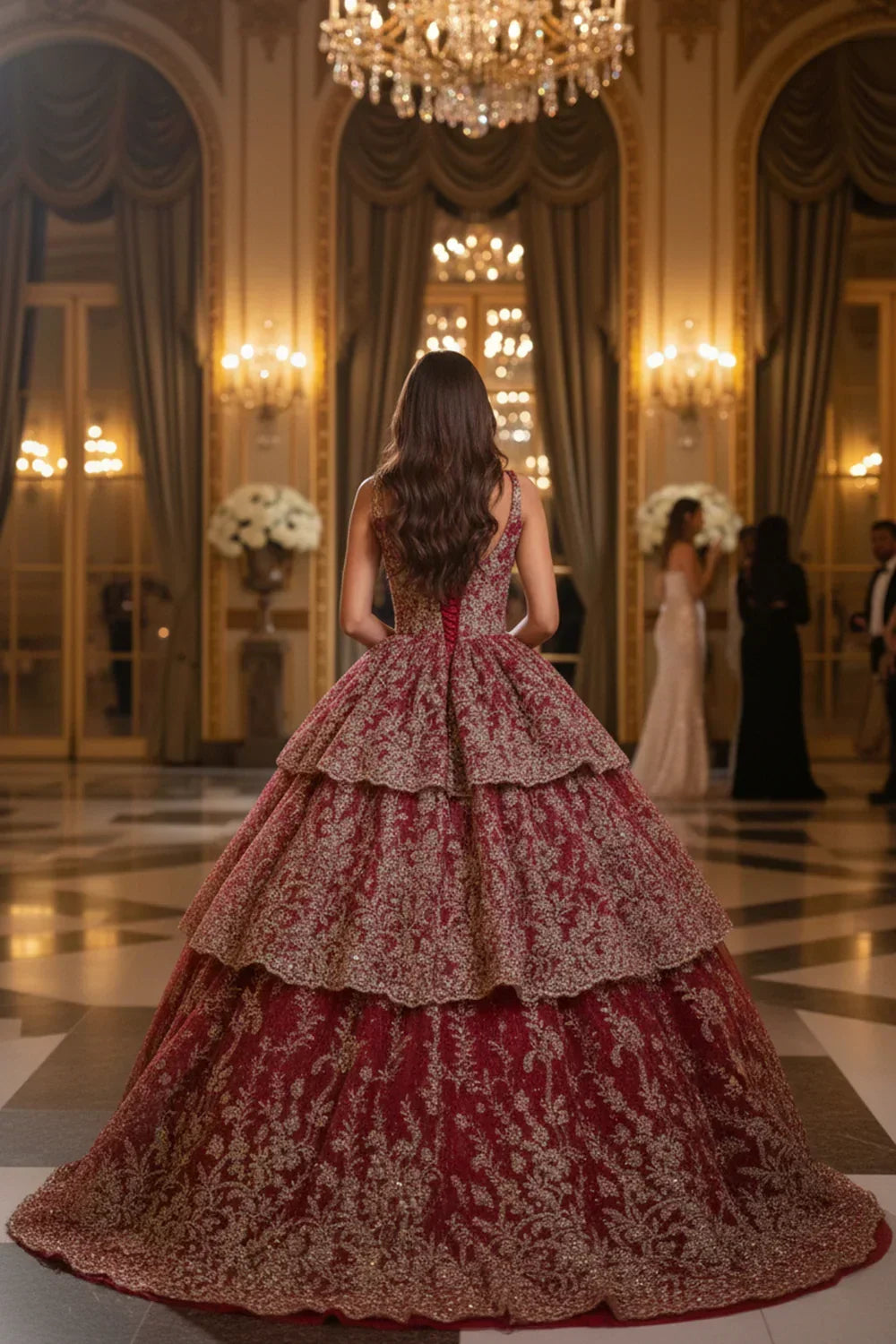 Alejandra Exquisite Ball Gown V Neck Layered Tulle Long Quinceañera Dress With Appliqued