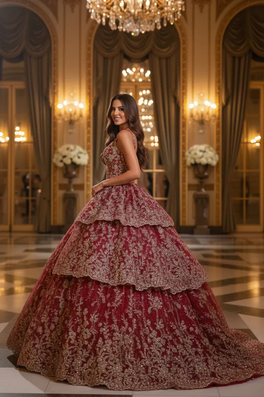Alejandra Exquisite Ball Gown V Neck Layered Tulle Long Quinceañera Dress With Appliqued