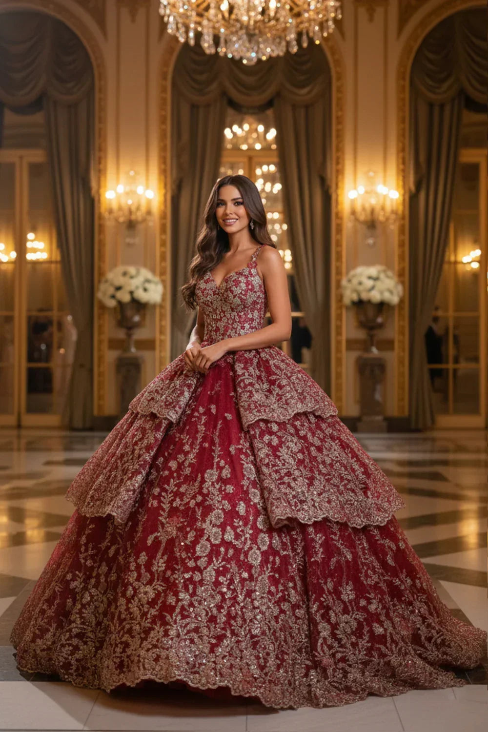 Alejandra Exquisite Ball Gown V Neck Layered Tulle Long Quinceañera Dress With Appliqued