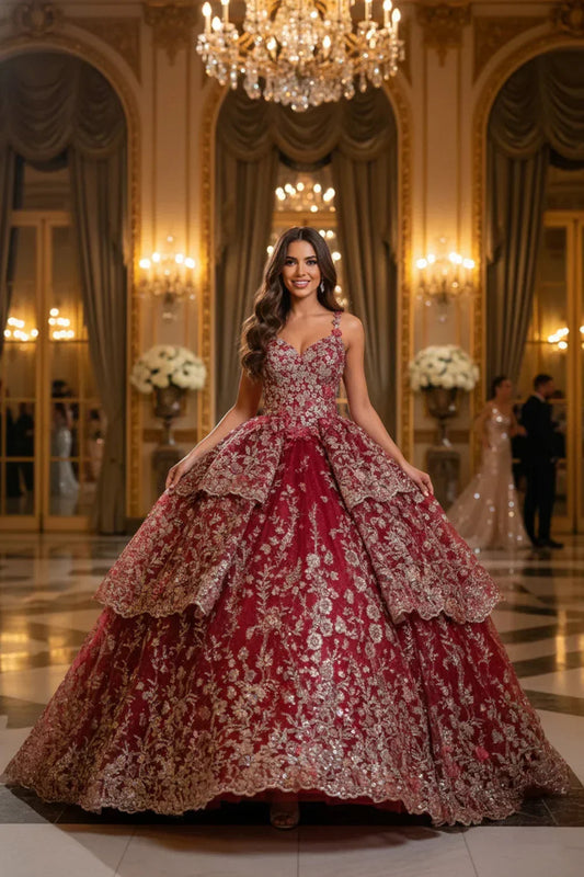 Alejandra Exquisite Ball Gown V Neck Layered Tulle Long Quinceañera Dress With Appliqued