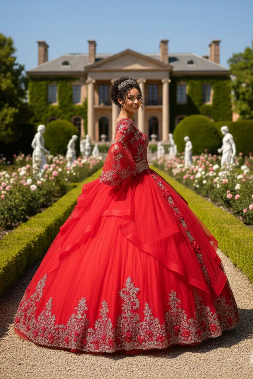 Valeria Exquisite Ball Gown V Neck Ruffled Tulle Long Quinceañera Dress With Beading