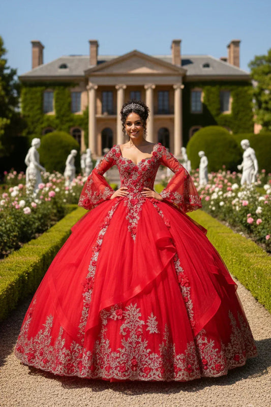 Valeria Exquisite Ball Gown V Neck Ruffled Tulle Long Quinceañera Dress With Beading