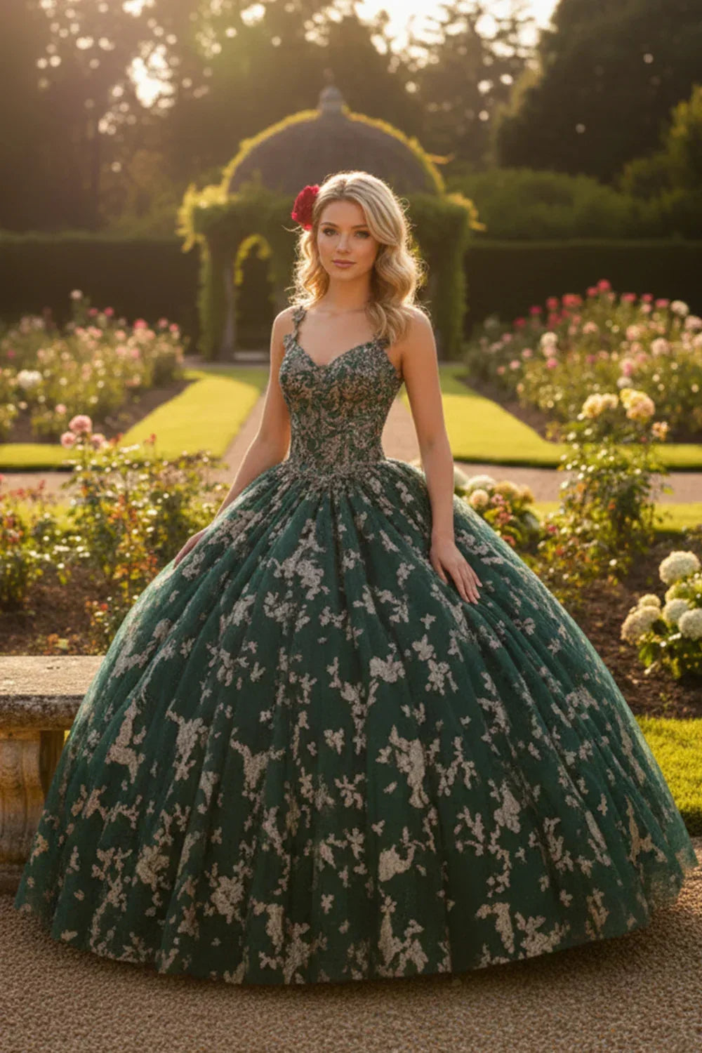 Esmeralda Exquisite Ball Gown V Neck Tulle Long Quinceañera Dress With Appliqued