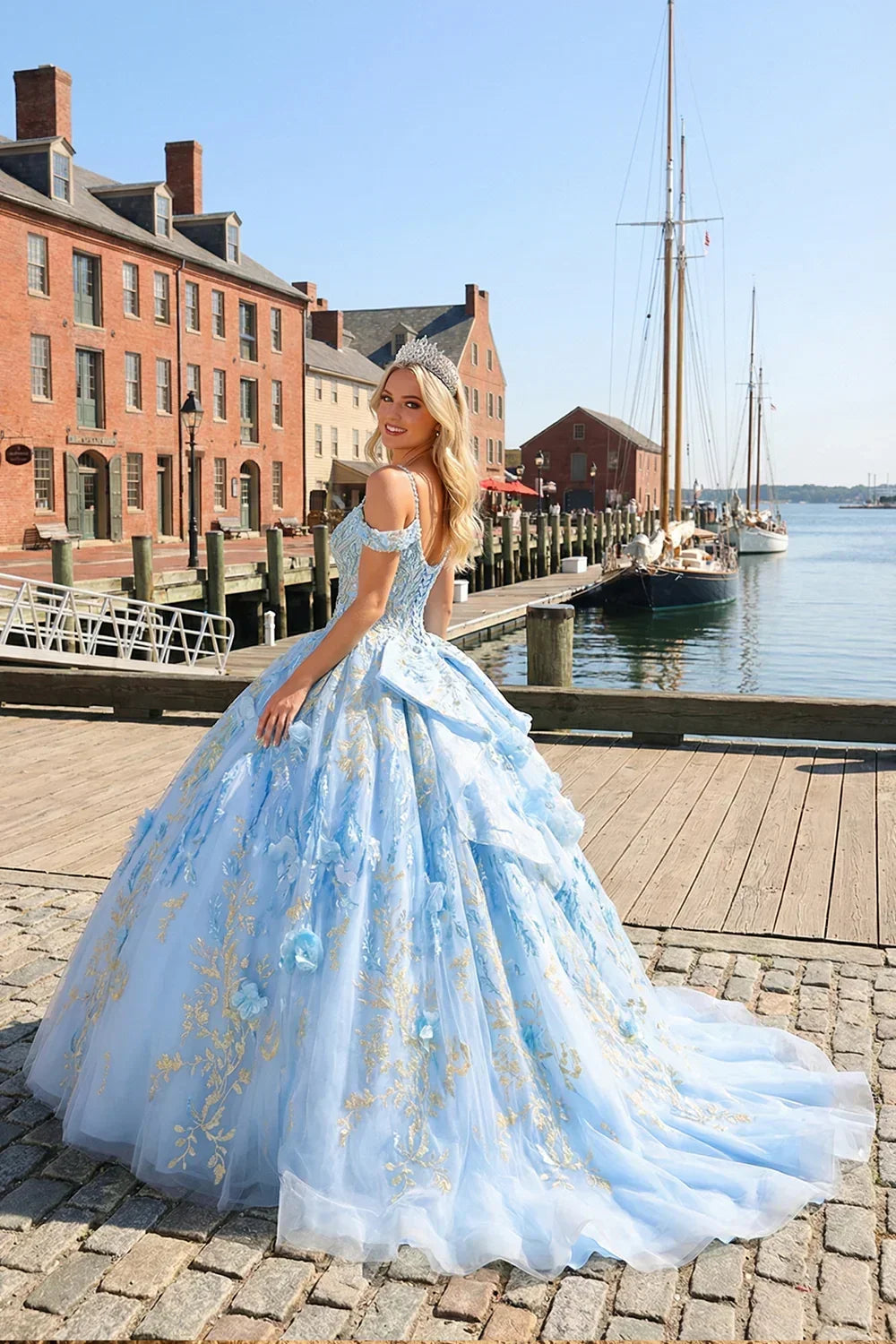 Selena Glittery Ball Gown Cold Shoulder Quinceañera Dress With 3D Floral and Embroidery