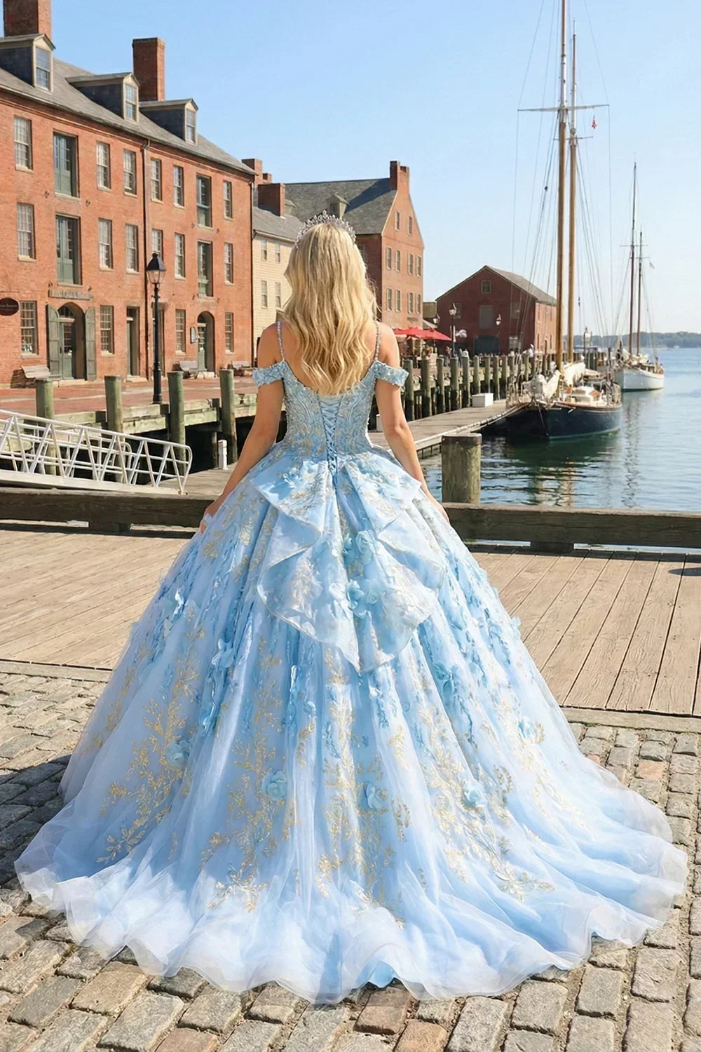 Selena Glittery Ball Gown Cold Shoulder Quinceañera Dress With 3D Floral and Embroidery