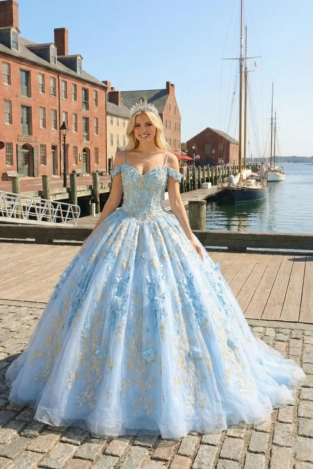 Selena Glittery Ball Gown Cold Shoulder Quinceañera Dress With 3D Floral and Embroidery