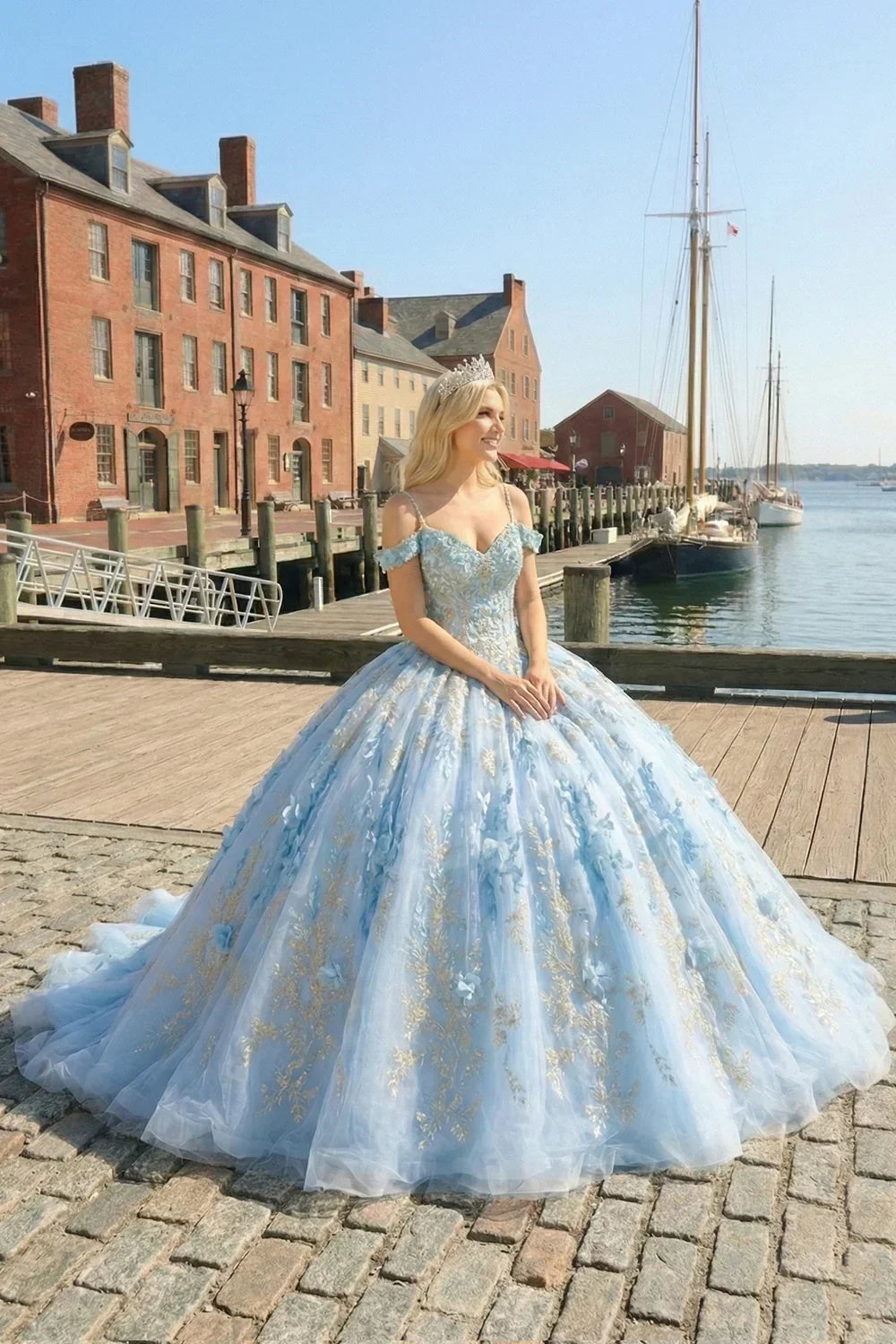 Selena Glittery Ball Gown Cold Shoulder Quinceañera Dress With 3D Floral and Embroidery
