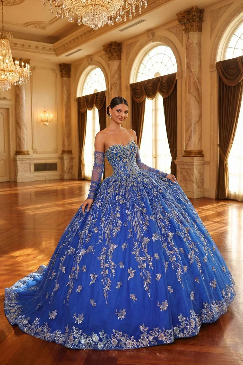 Evangelina Glittery Ball Gown Cold Shoulder Quinceañera Dress With Sheer Sleeves