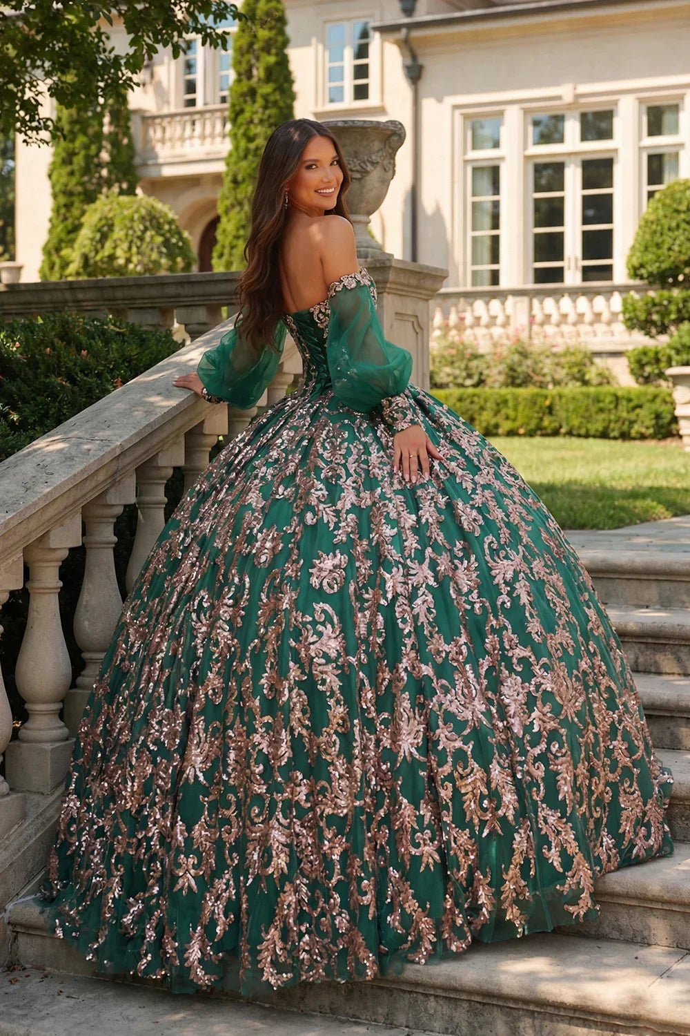 Fabiana Glittery Ball Gown Cold Shoulder Quinceañera Dress With Sheer Sleeves