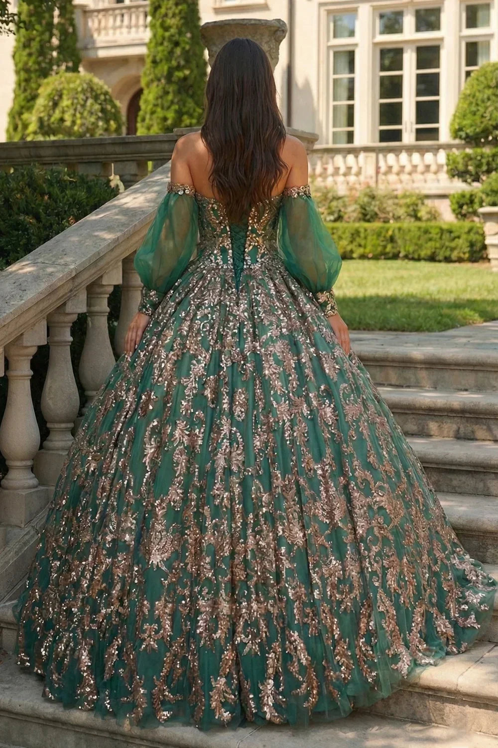 Fabiana Glittery Ball Gown Cold Shoulder Quinceañera Dress With Sheer Sleeves