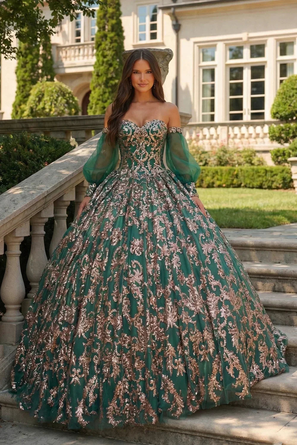 Fabiana Glittery Ball Gown Cold Shoulder Quinceañera Dress With Sheer Sleeves