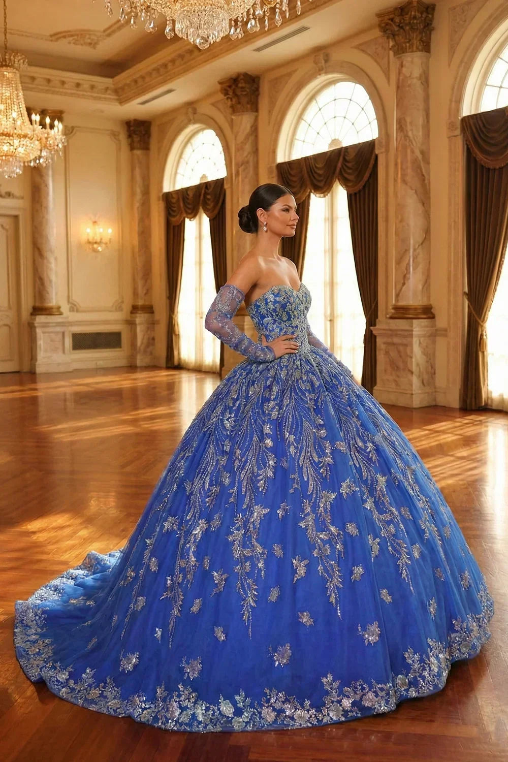 Evangelina Glittery Ball Gown Cold Shoulder Quinceañera Dress With Sheer Sleeves