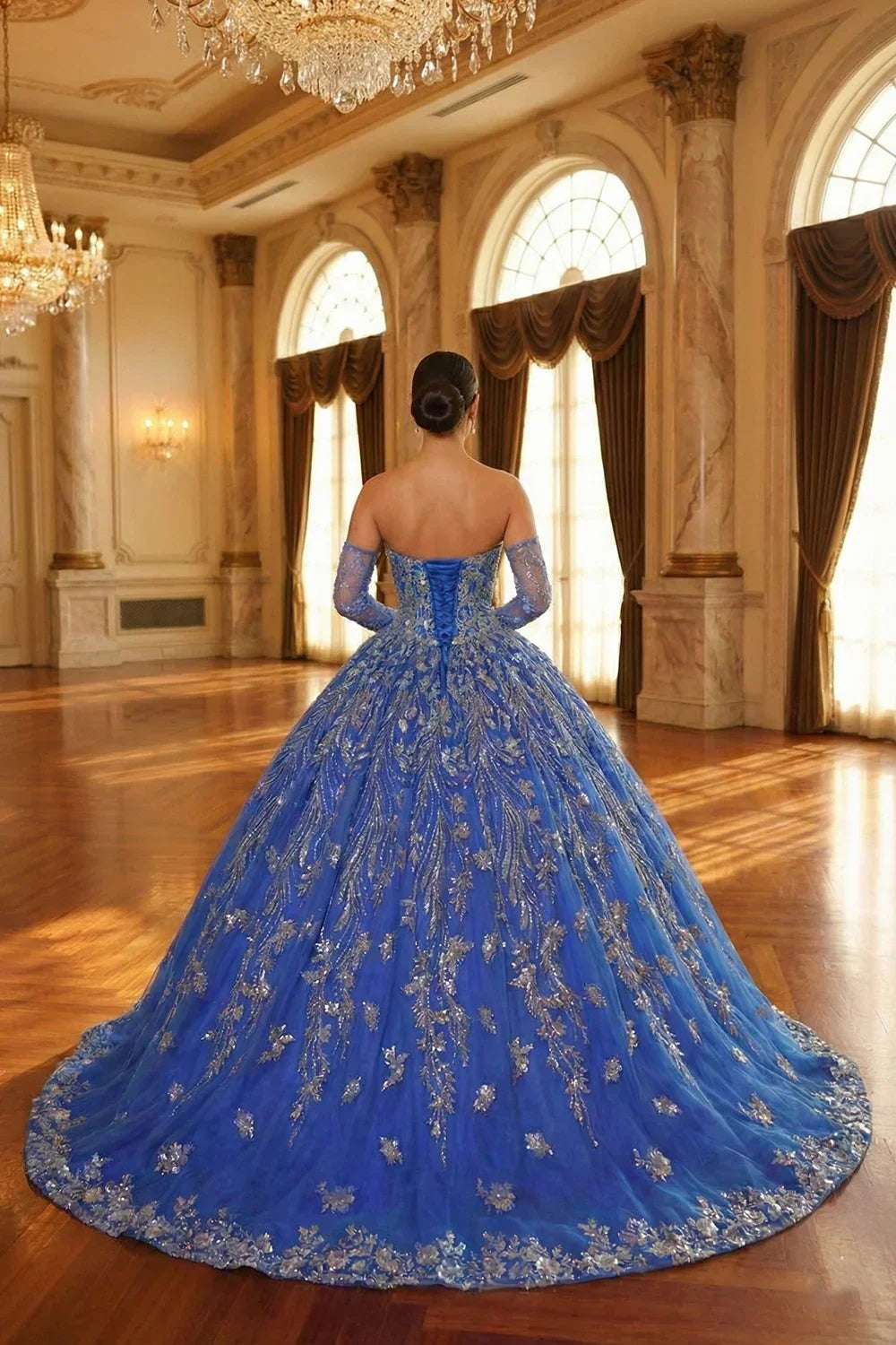 Evangelina Glittery Ball Gown Cold Shoulder Quinceañera Dress With Sheer Sleeves