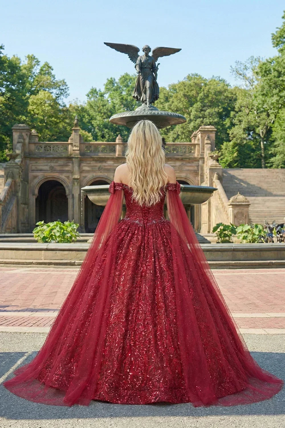 Arabella Glittery Ball Gown Cold Shoulder Quinceañera Dress With With Sheer Cape