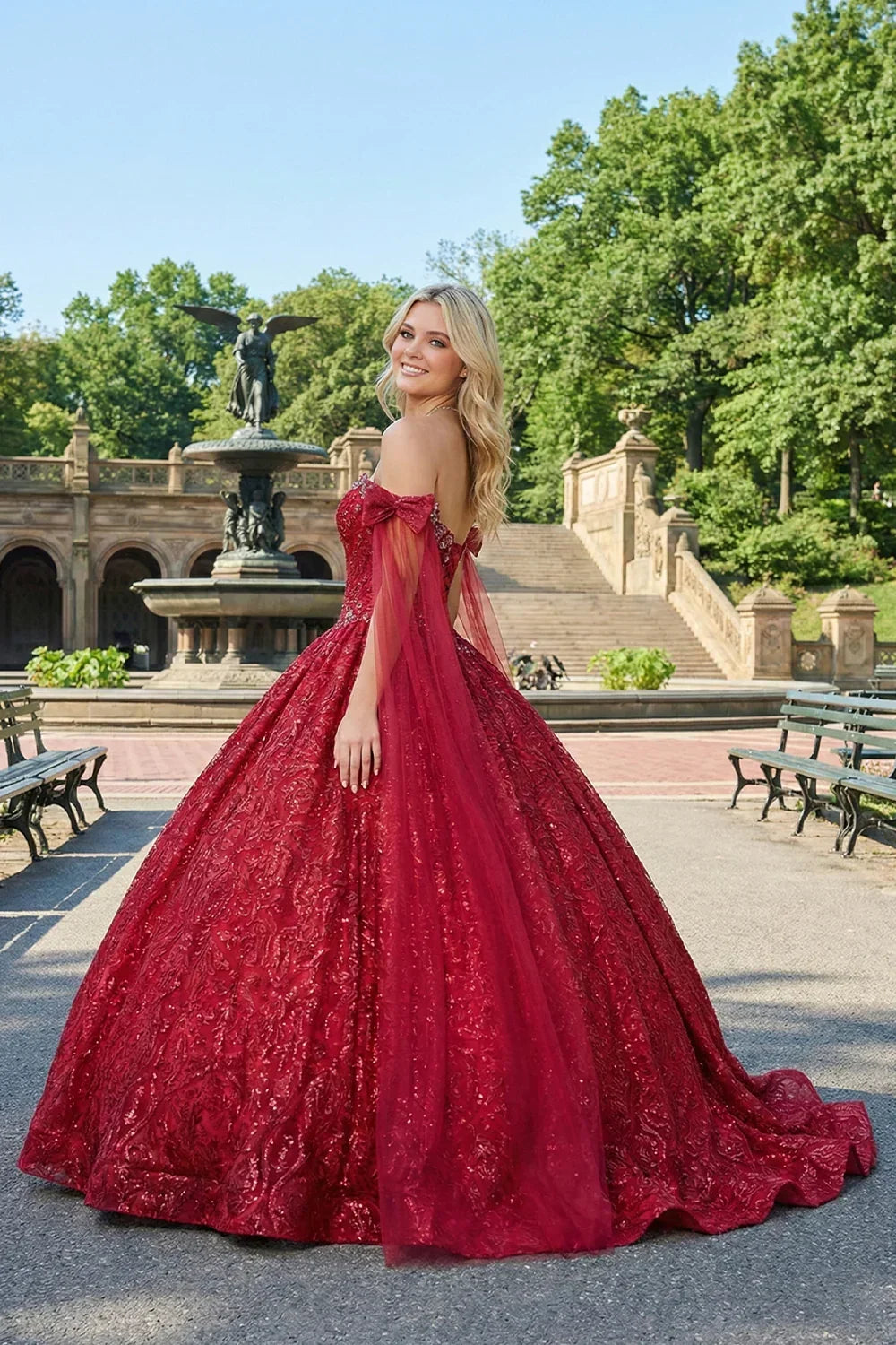 Arabella Glittery Ball Gown Cold Shoulder Quinceañera Dress With With Sheer Cape